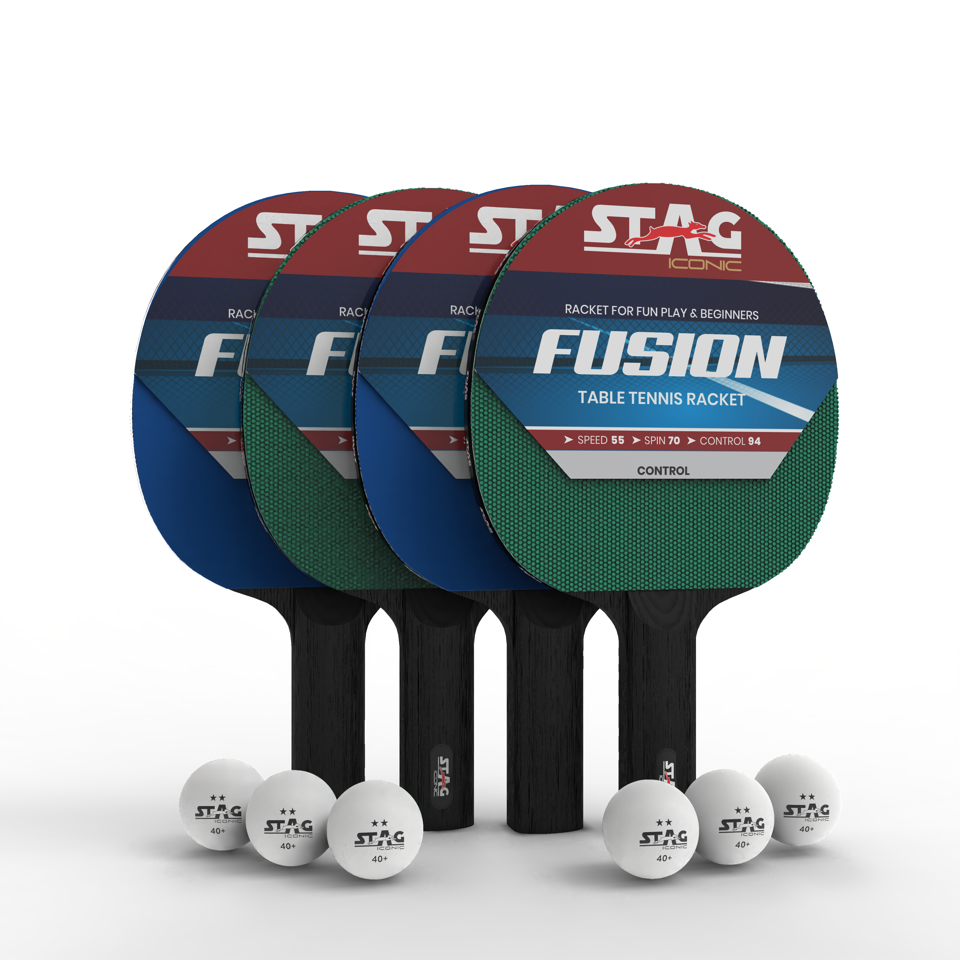 Stag Iconic New 2024 Fusion Series Table Tennis Playset Combo |Beginner Play Series | Spring into Action with Vibrant, Playful Ping-Pop Colors| Discover Your Element in Table Tennis (Green/Blue 4 Rackets 6 Balls)
