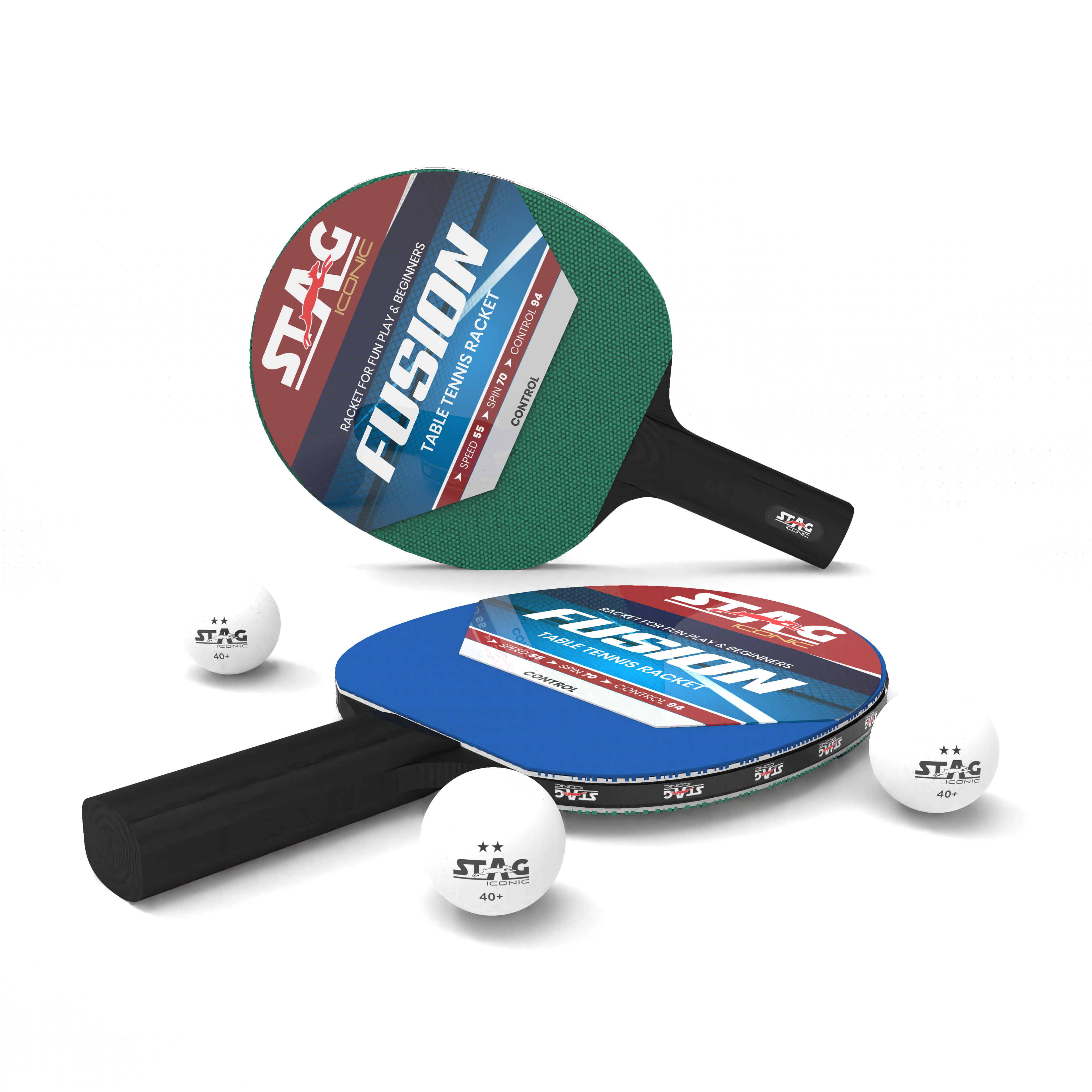 Stag Iconic New 2024 Fusion Series Table Tennis Playset Combo |Beginner Play Series | Spring into Action with Vibrant, Playful Ping-Pop Colors| Discover Your Element in Table Tennis (Green/Blue 4 Rackets 6 Balls)
