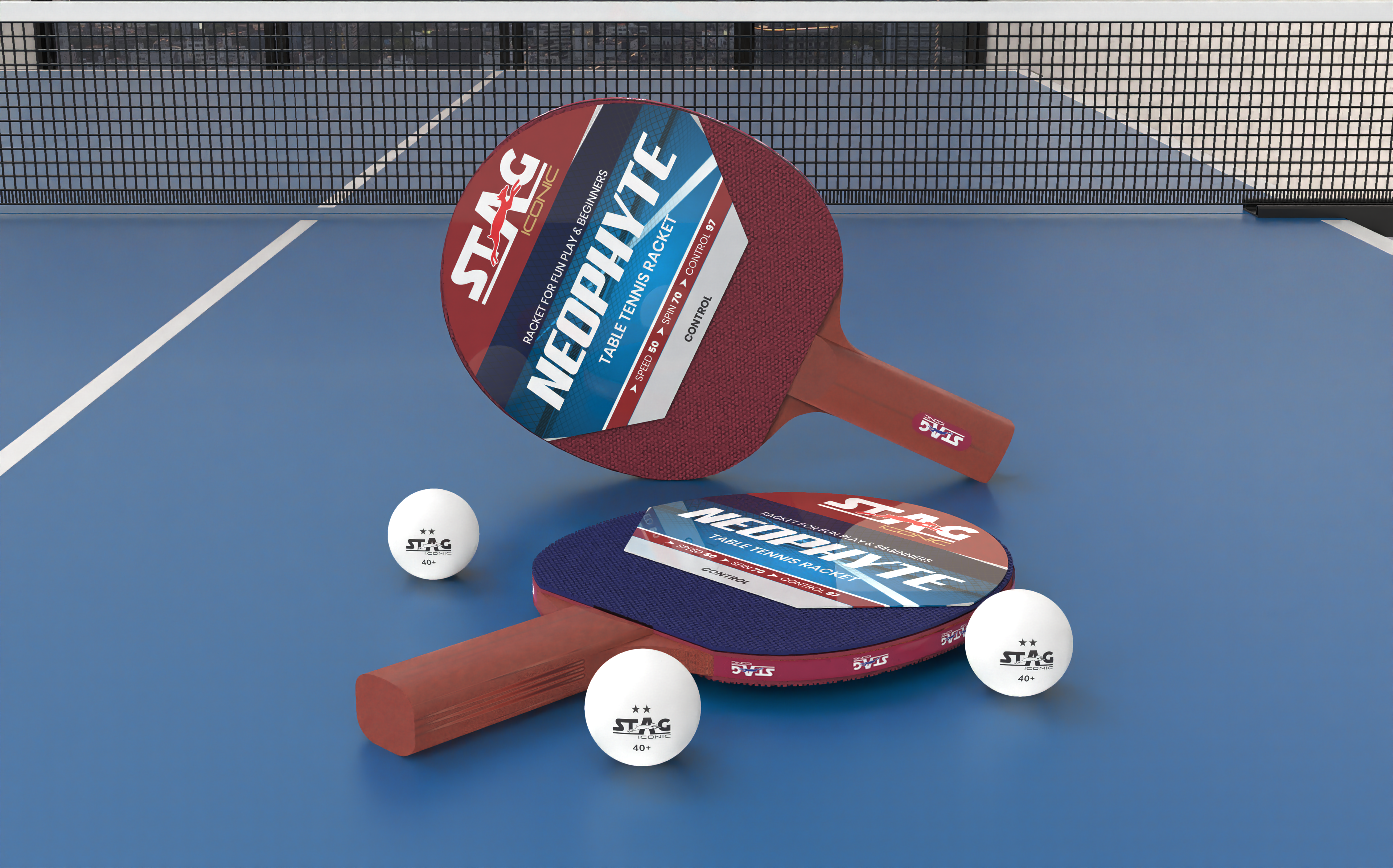 Stag Iconic 2024 Neophyte Series Table Tennis Playset | Beginner Play Series T.T Series | Jump into Action with Vibrant, Playful Ping-Pop Colors| Discover Your Element in Table Tennis (Maroon/Navy 2 Rackets 3 Balls)
