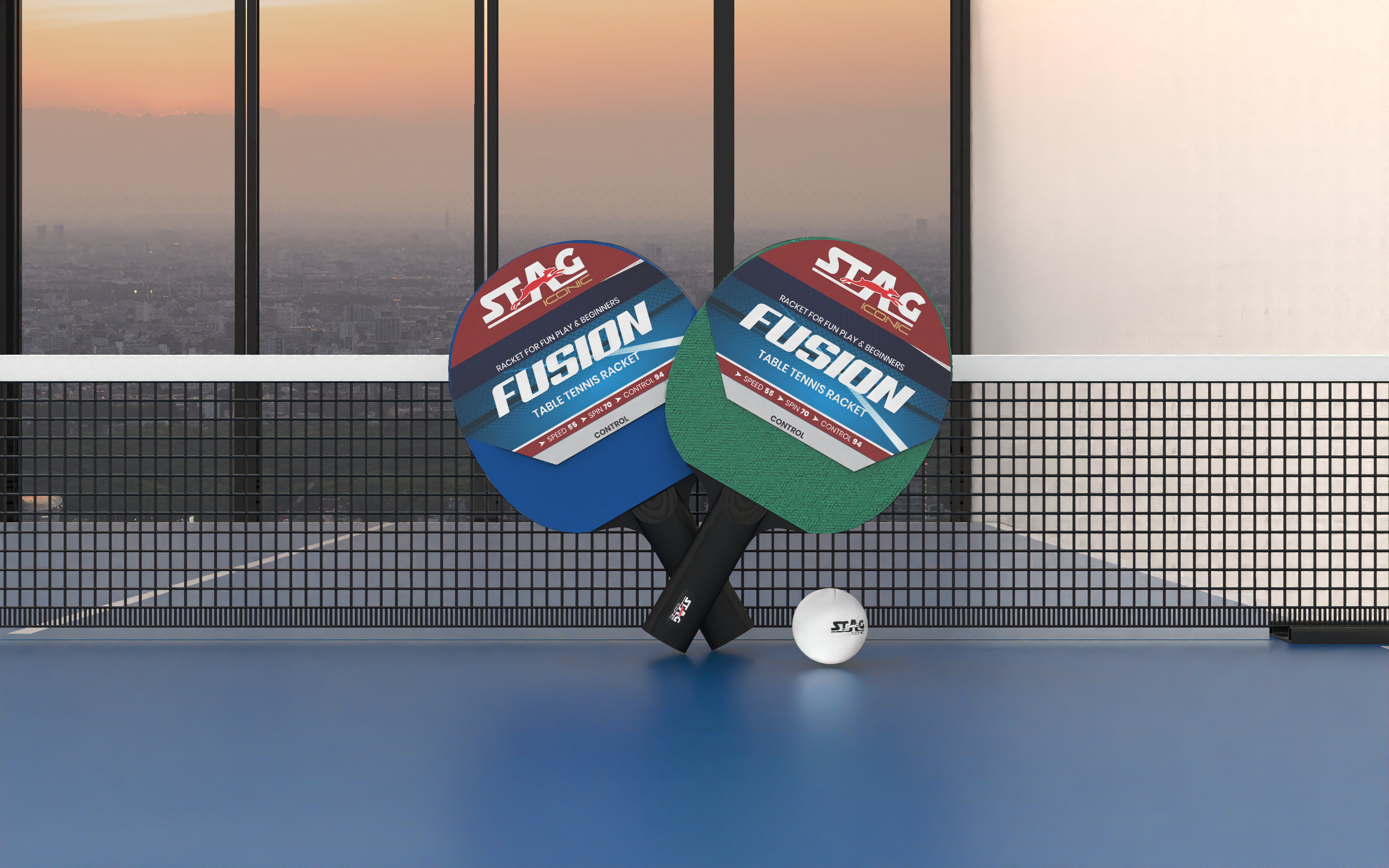 Stag Iconic New 2024 Fusion Series Table Tennis Playset |Beginner Play Series | Spring into Action with Vibrant, Playful Ping-Pop Colors| Discover Your Element in Table Tennis (Green/Blue 2 Rackets 3 Balls)
