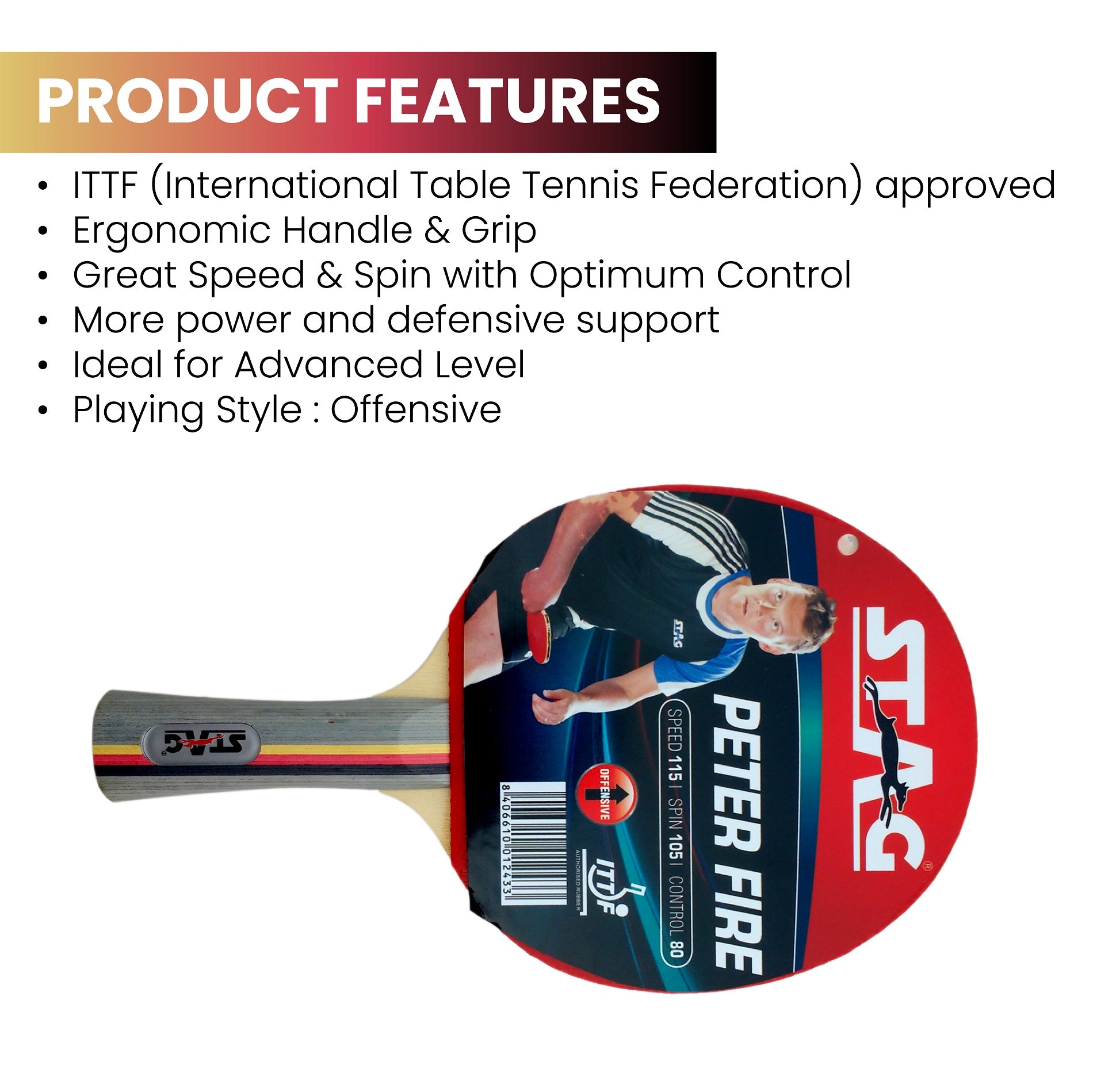 Stag Peter Fire Table Tennis Racquet with wooden box