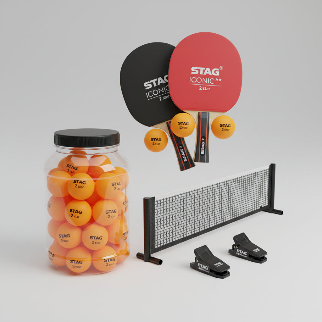 Fast Bundle Stag Clip Advance Table Tennis Post + Stag 2 Star Orange Table Tennis Balls Pack of 96 + Stag 2 Star Table Tennis Playset (2 Racquets & 3 Balls) (Orange)