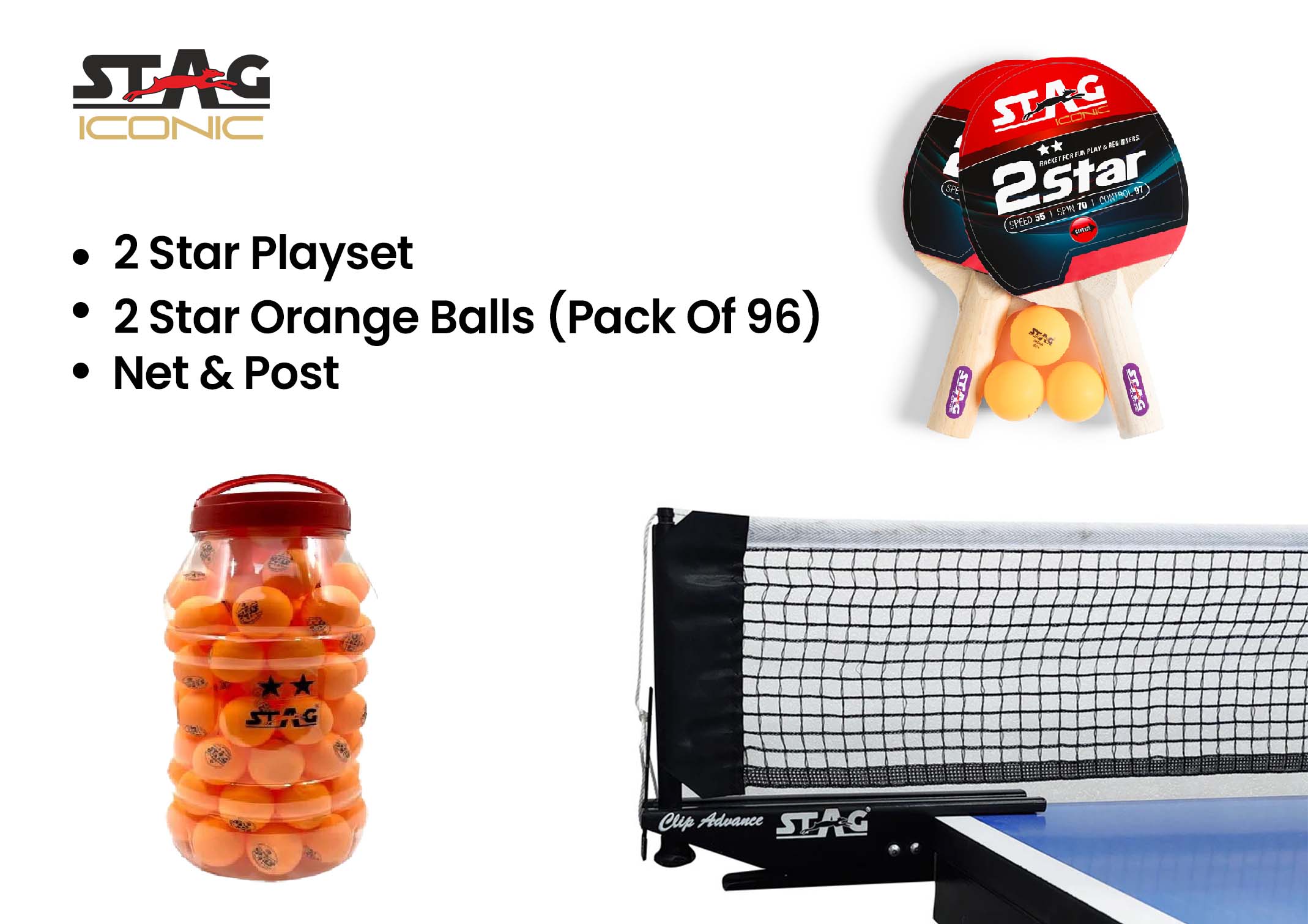 Stag Clip Advance Table Tennis Post + Stag 2 Star Orange Table Tennis Balls Pack of 96 + Stag 2 Star Table Tennis Playset (2 Racquets & 3 Balls) (Orange)