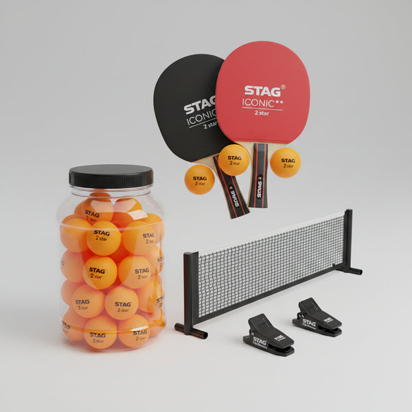 Fast Bundle Stag Clip Advance Table Tennis Post + Stag 2 Star Orange Table Tennis Balls Pack of 96 + Stag 2 Star Table Tennis Playset (2 Racquets & 3 Balls) (Orange)