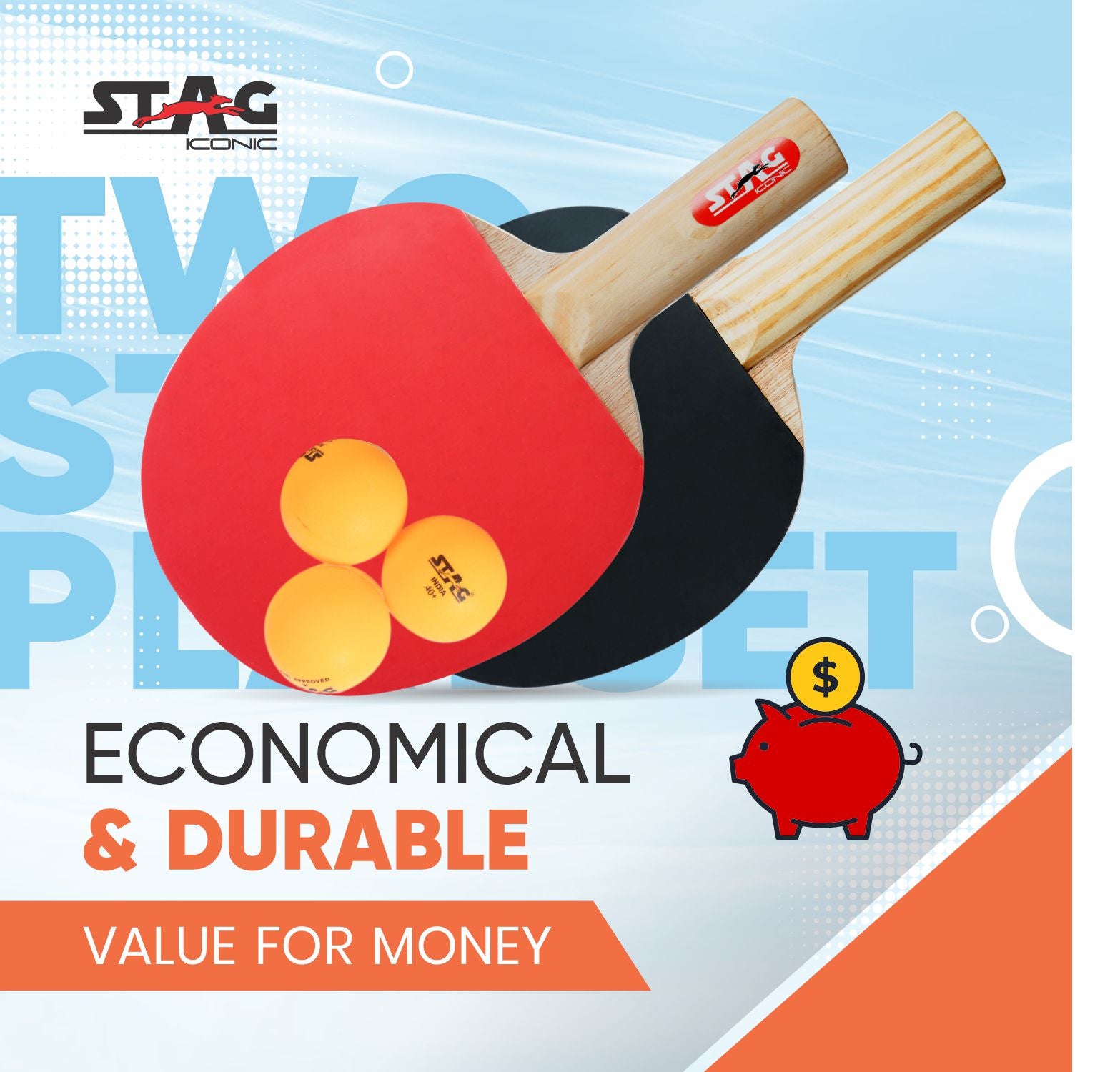 STAG 2 Star Table Tennis Playset, 2 Racquets & 3 Balls (Orange)