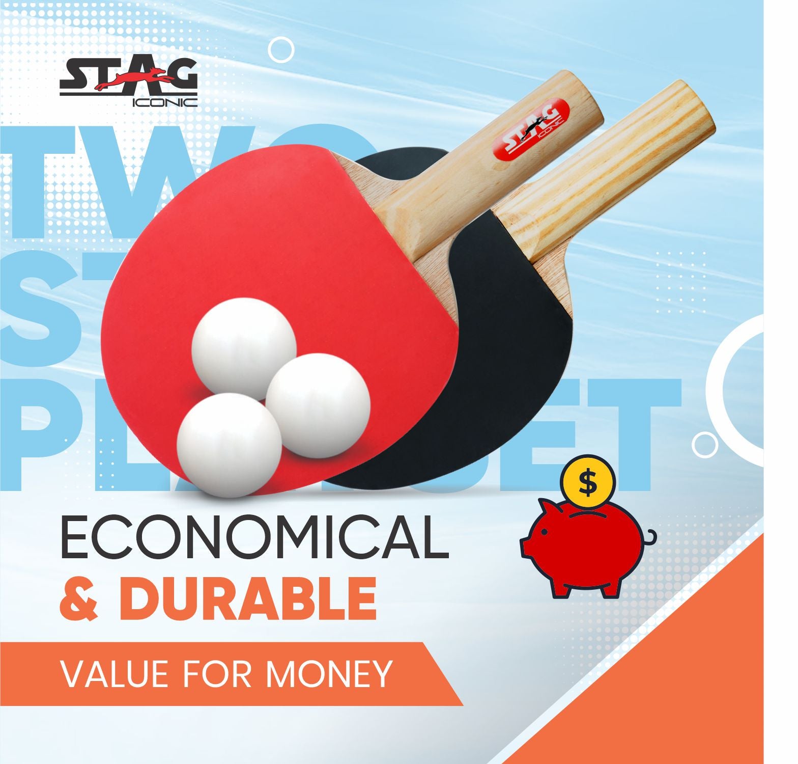 STAG 2 Star Table Tennis Playset, 2 Racquets & 3 Balls (White)