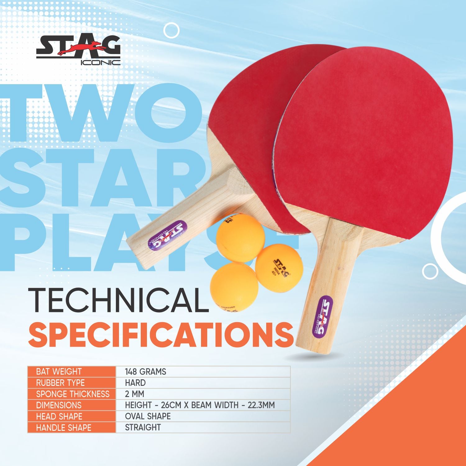 STAG 2 Star Table Tennis Playset, 2 Racquets & 3 Balls (Orange)