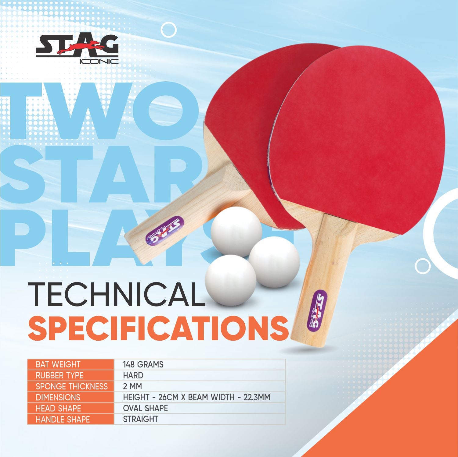 STAG 2 Star Table Tennis Playset, 2 Racquets & 3 Balls (White)