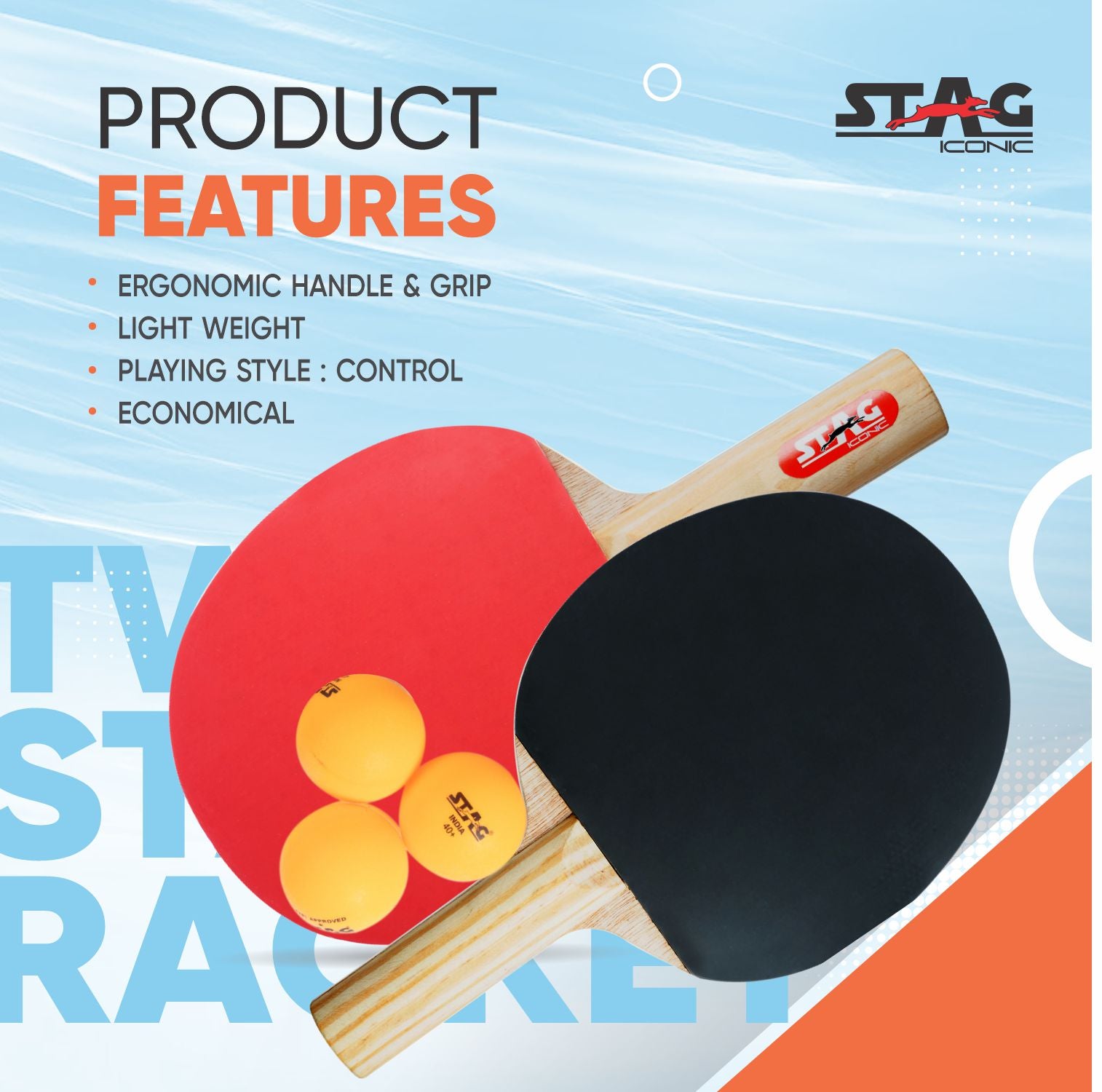 STAG 2 Star Table Tennis Playset, 2 Racquets & 3 Balls (Orange)