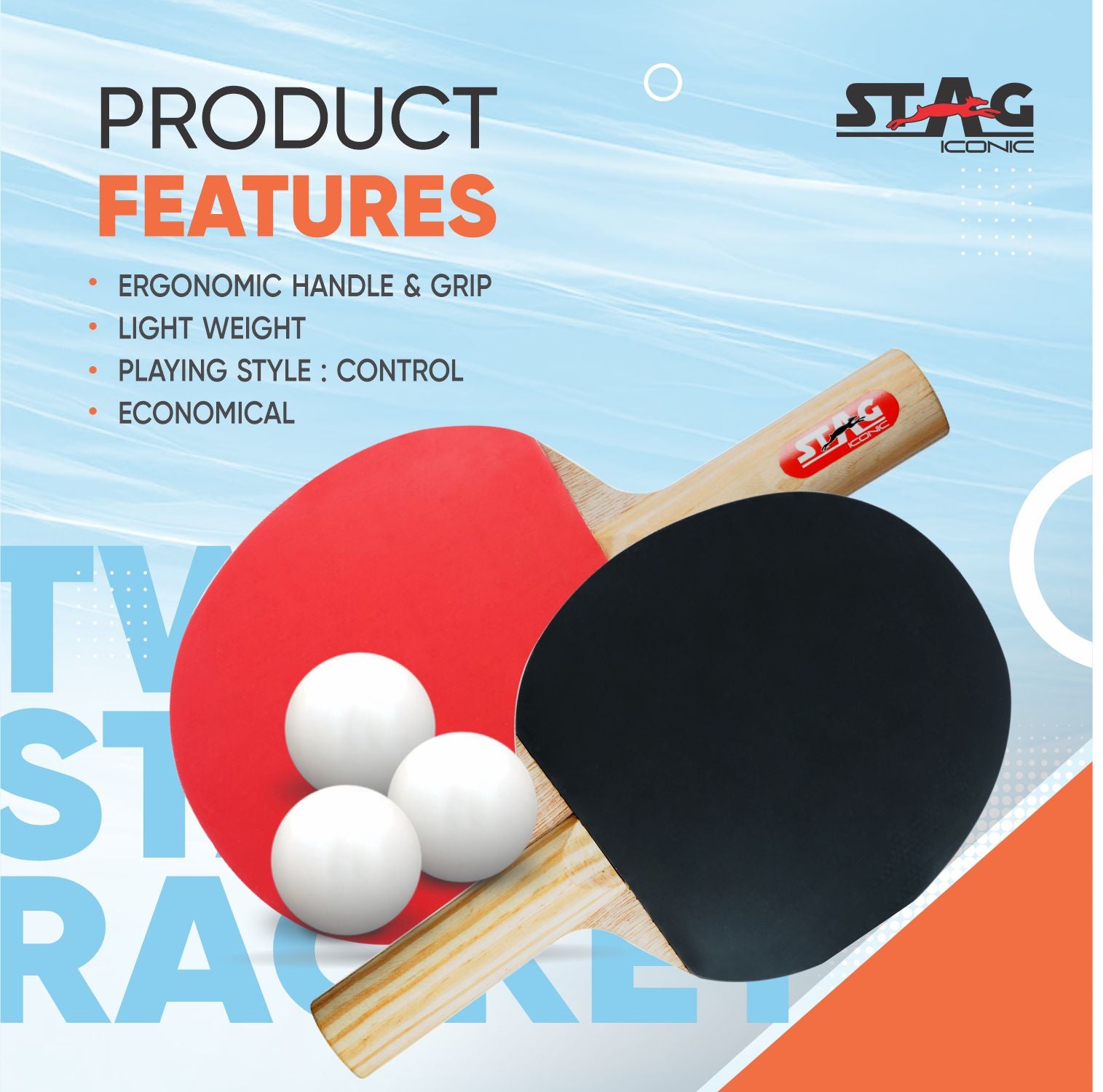 STAG 2 Star Table Tennis Playset, 2 Racquets & 3 Balls (White)