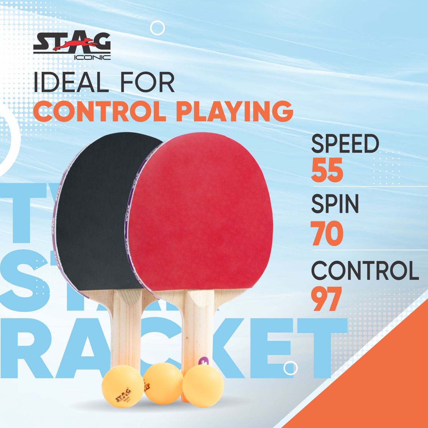 STAG 2 Star Table Tennis Playset, 2 Racquets & 3 Balls (Orange)