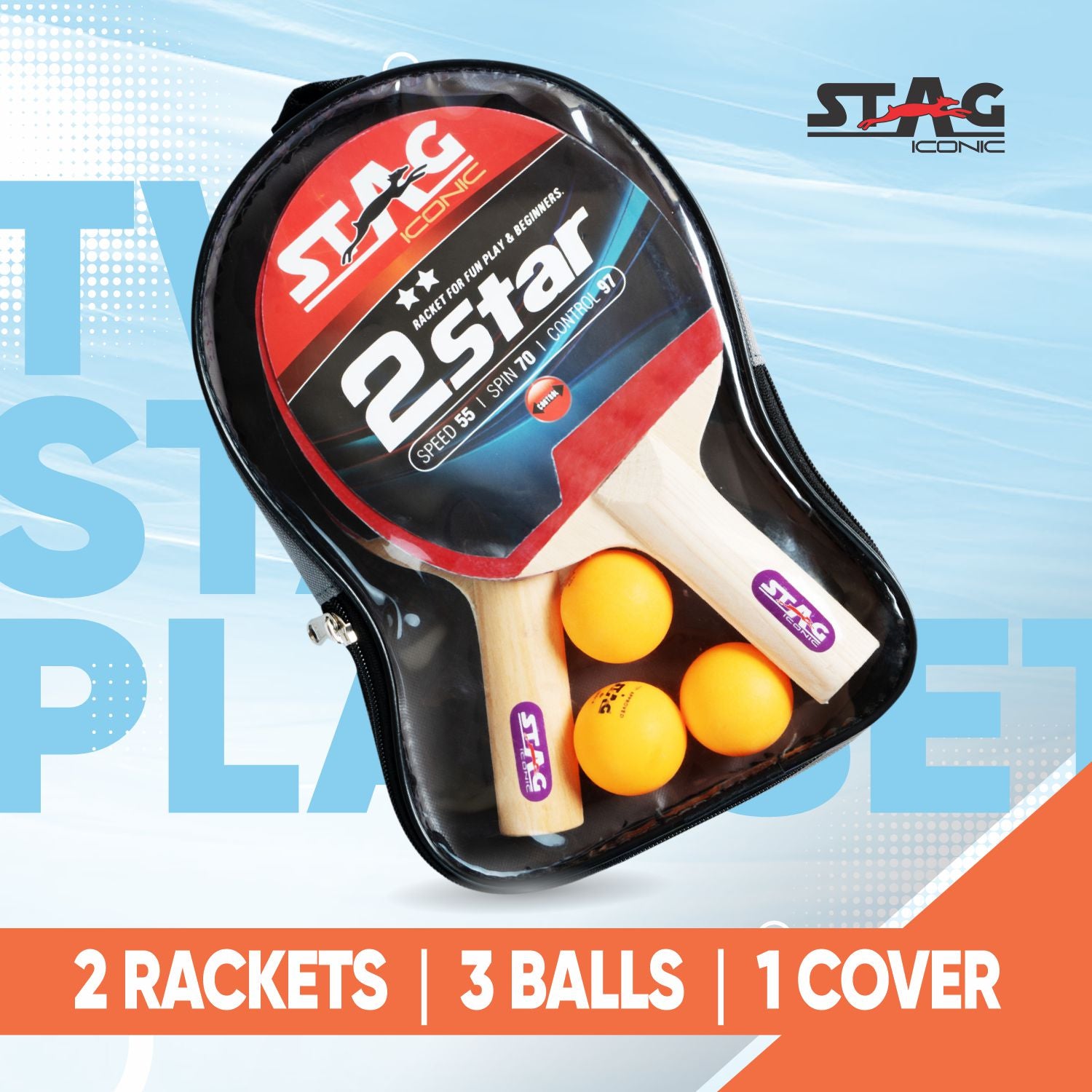 STAG 2 Star Table Tennis Playset, 2 Racquets & 3 Balls (Orange)