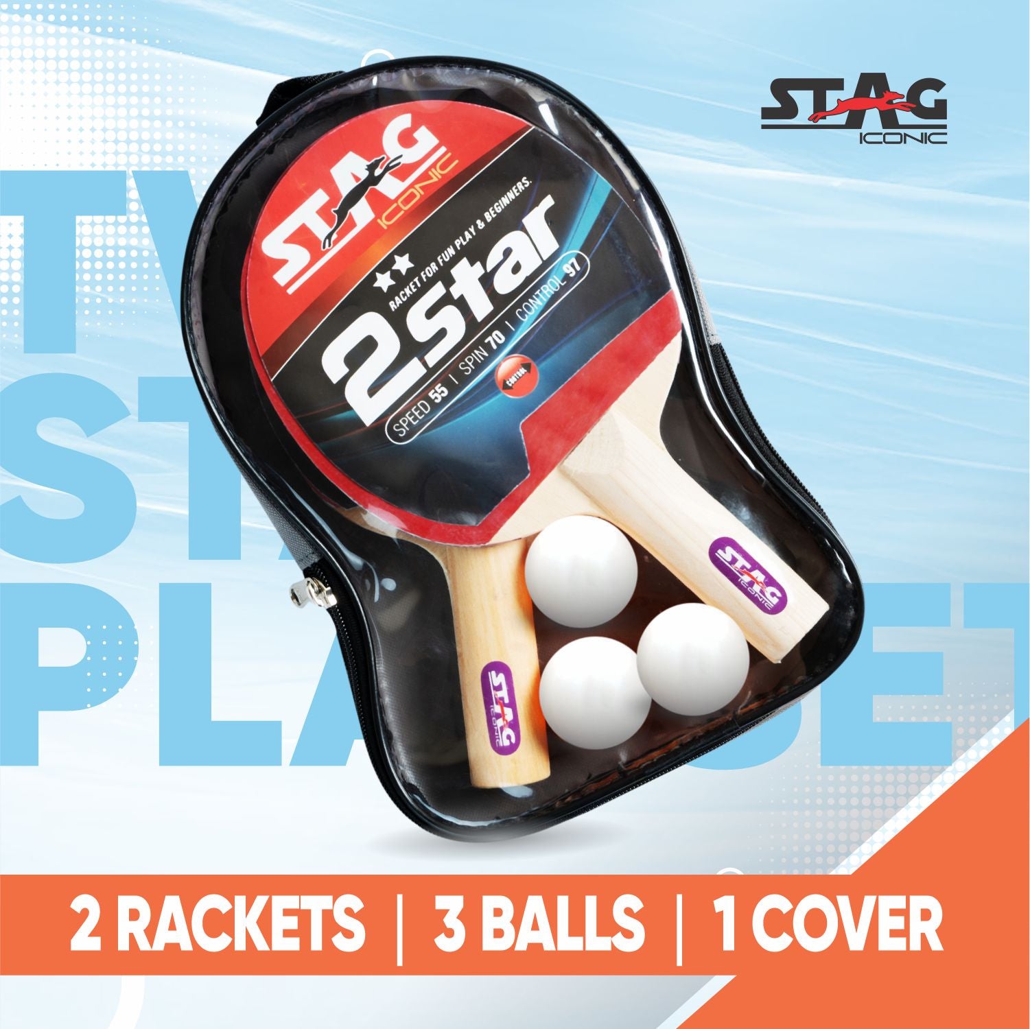 STAG 2 Star Table Tennis Playset, 2 Racquets & 3 Balls (White)