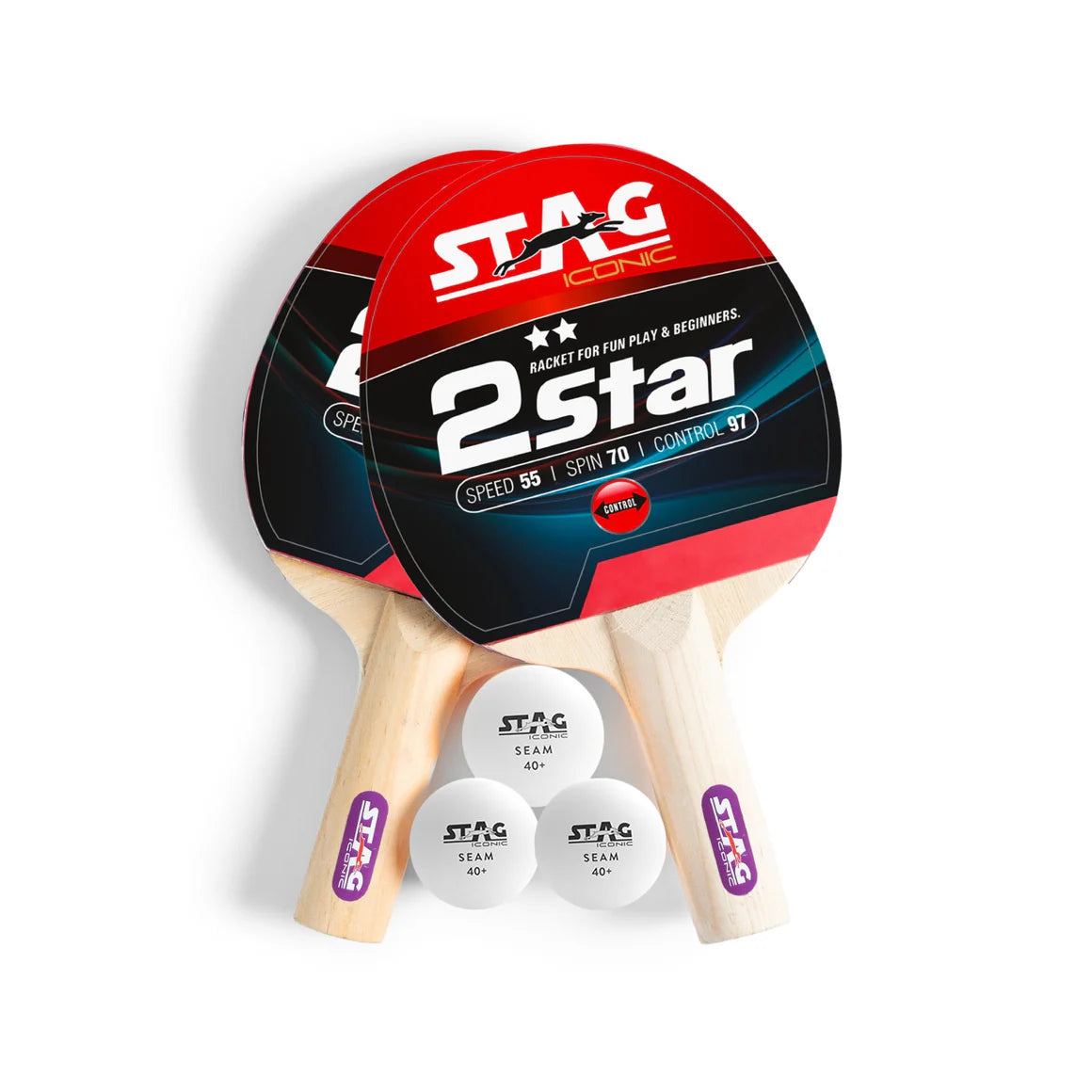 STAG 2 Star Table Tennis Playset, 2 Racquets & 3 Balls (White)