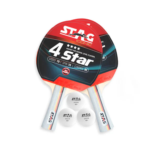 STAG 4 Star Table Tennis Playset | 2 Racquets & 3 Balls (White)