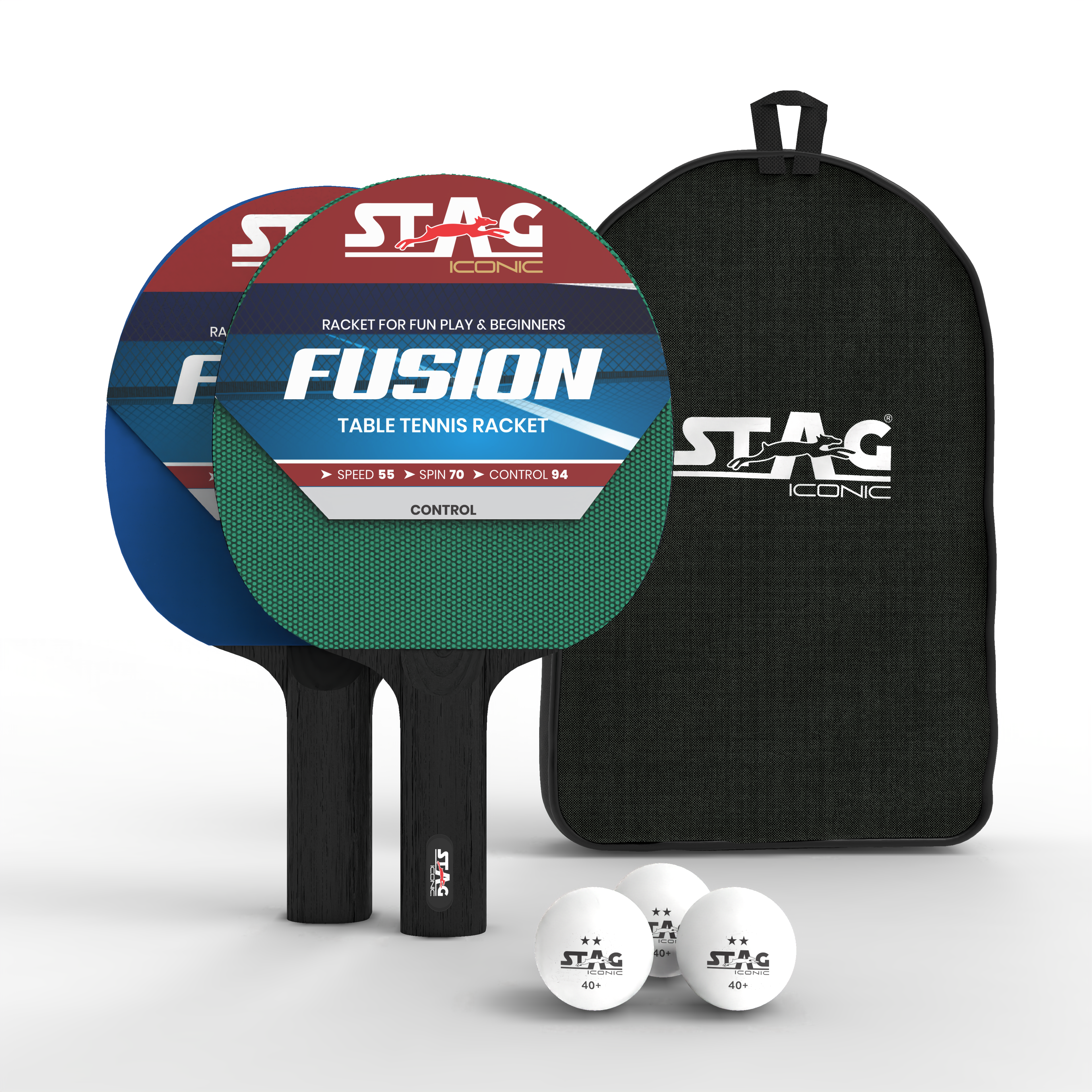 Stag Iconic New 2024 Fusion Series Table Tennis Playset |Beginner Play Series | Spring into Action with Vibrant, Playful Ping-Pop Colors| Discover Your Element in Table Tennis (Green/Blue 2 Rackets 3 Balls)