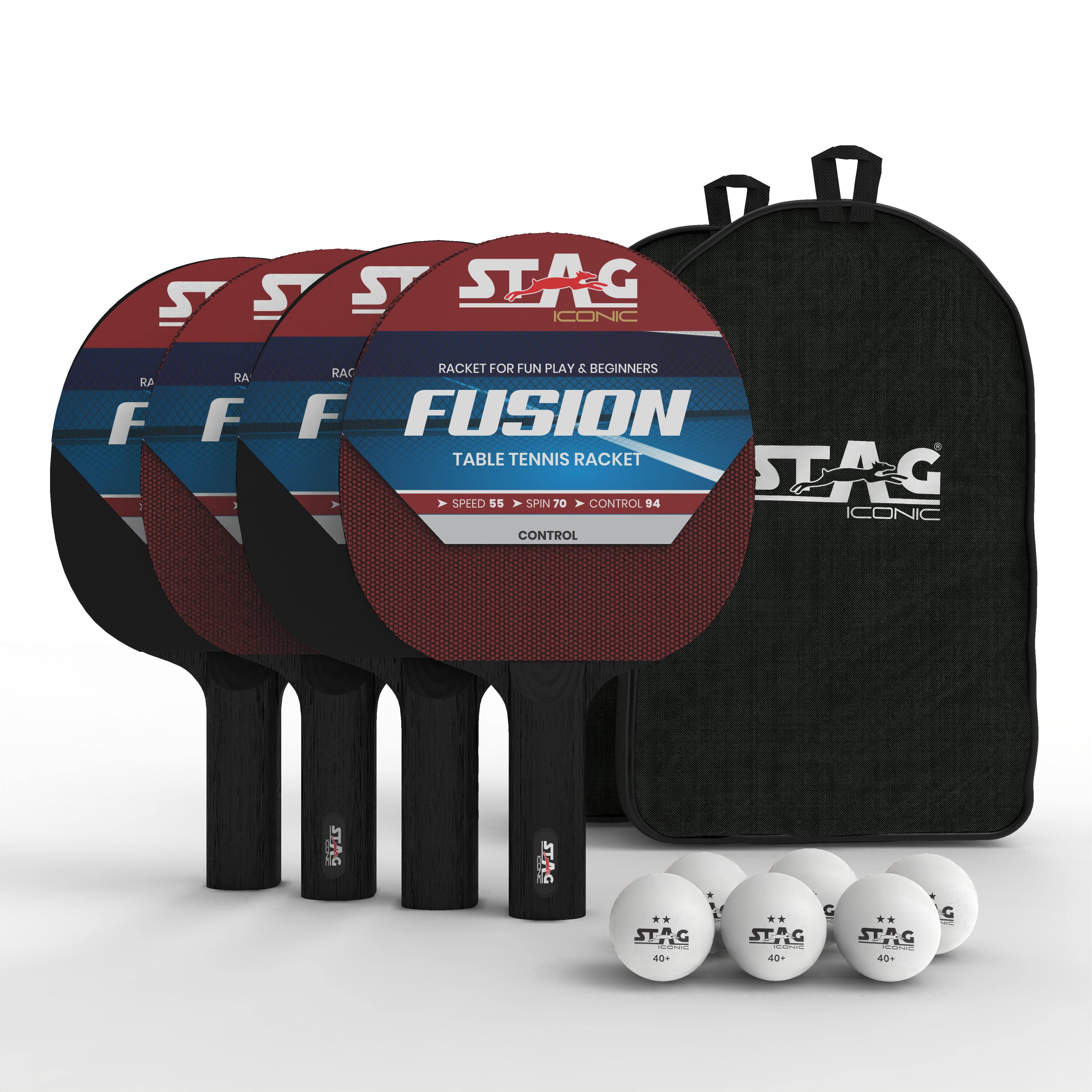 Stag Iconic New 2024 Fusion Series Table Tennis Playset Combo |Beginner Play Series | Spring into Action with Vibrant, Playful Ping-Pop Colors| Discover Your Element in Table Tennis (Maroon/Black 4 Rackets 6 Balls)