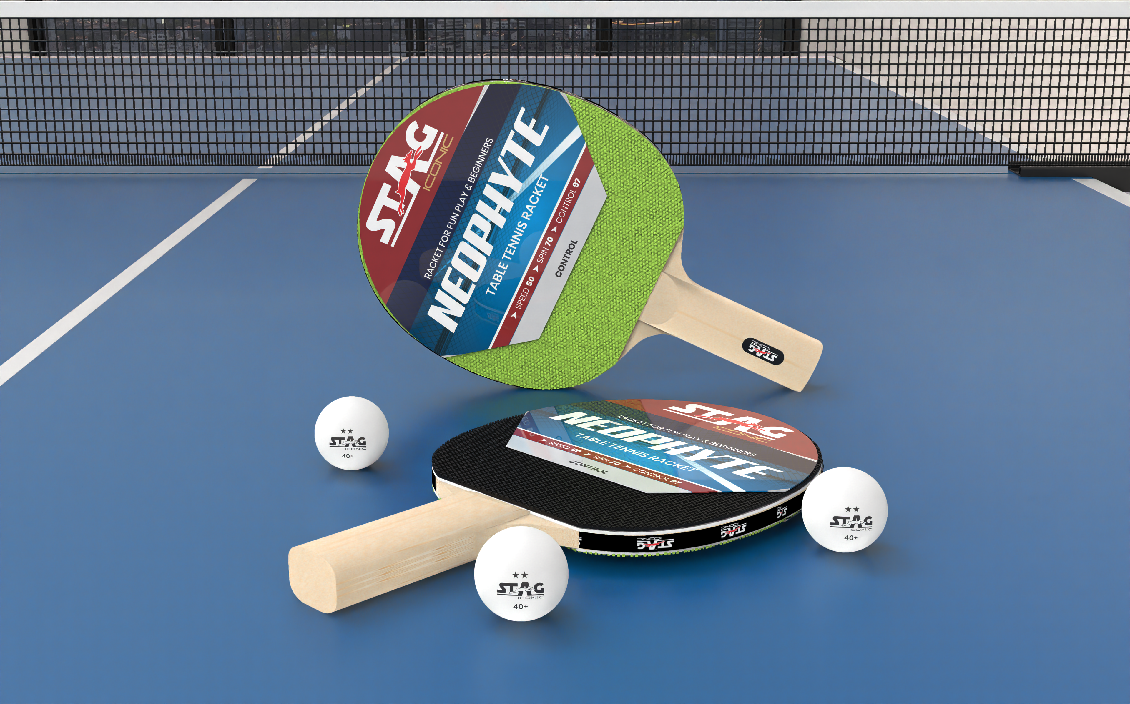 Stag Iconic 2024 Neophyte Series Table Tennis Playset Combo | Beginner Play Series T.T Series | Jump into Action with Vibrant, Playful Ping-Pop Colors| Discover Your Element in Table Tennis (Neon/Black 4 Rackets 6 Balls)