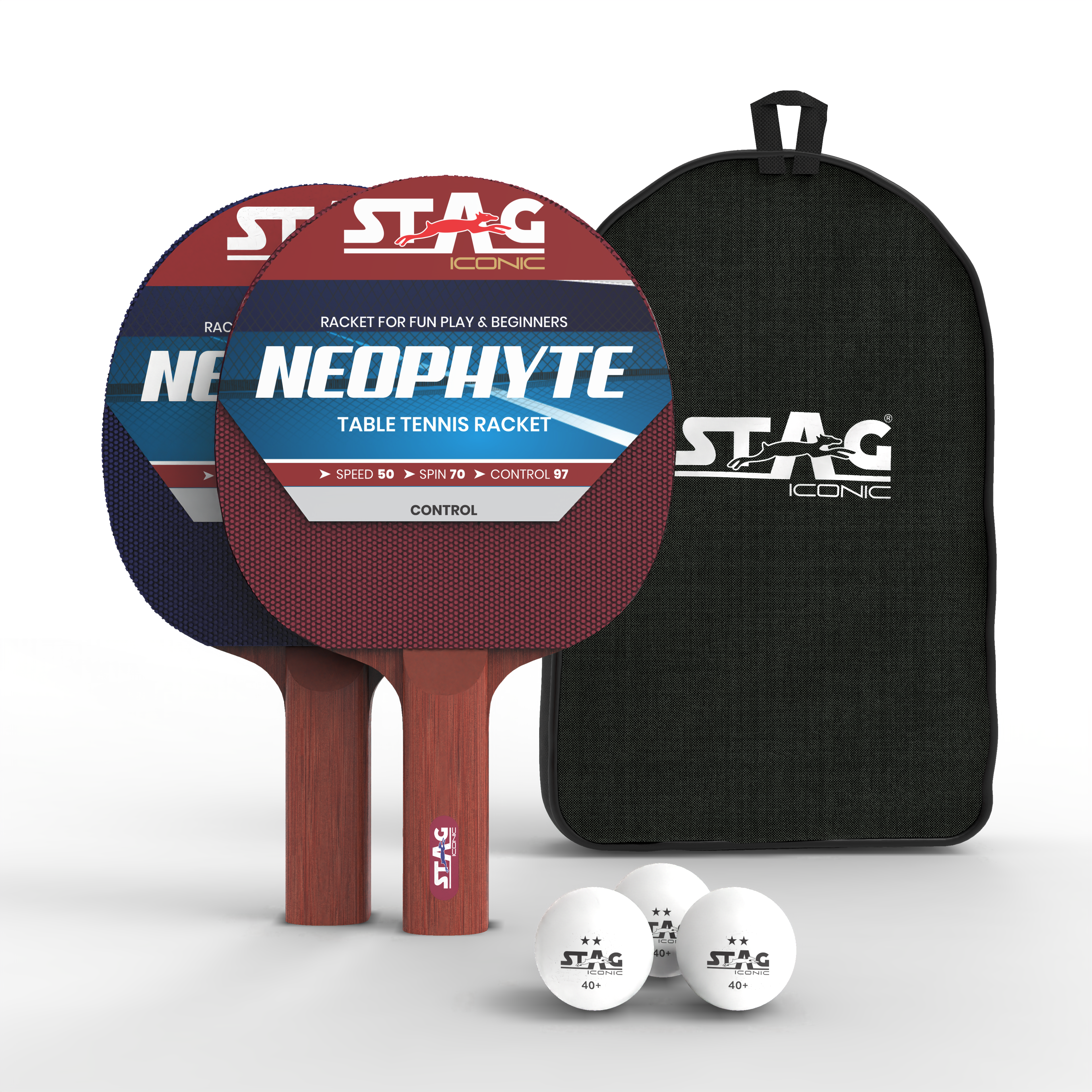 Stag Iconic 2024 Neophyte Series Table Tennis Playset | Beginner Play Series T.T Series | Jump into Action with Vibrant, Playful Ping-Pop Colors| Discover Your Element in Table Tennis (Maroon/Navy 2 Rackets 3 Balls)