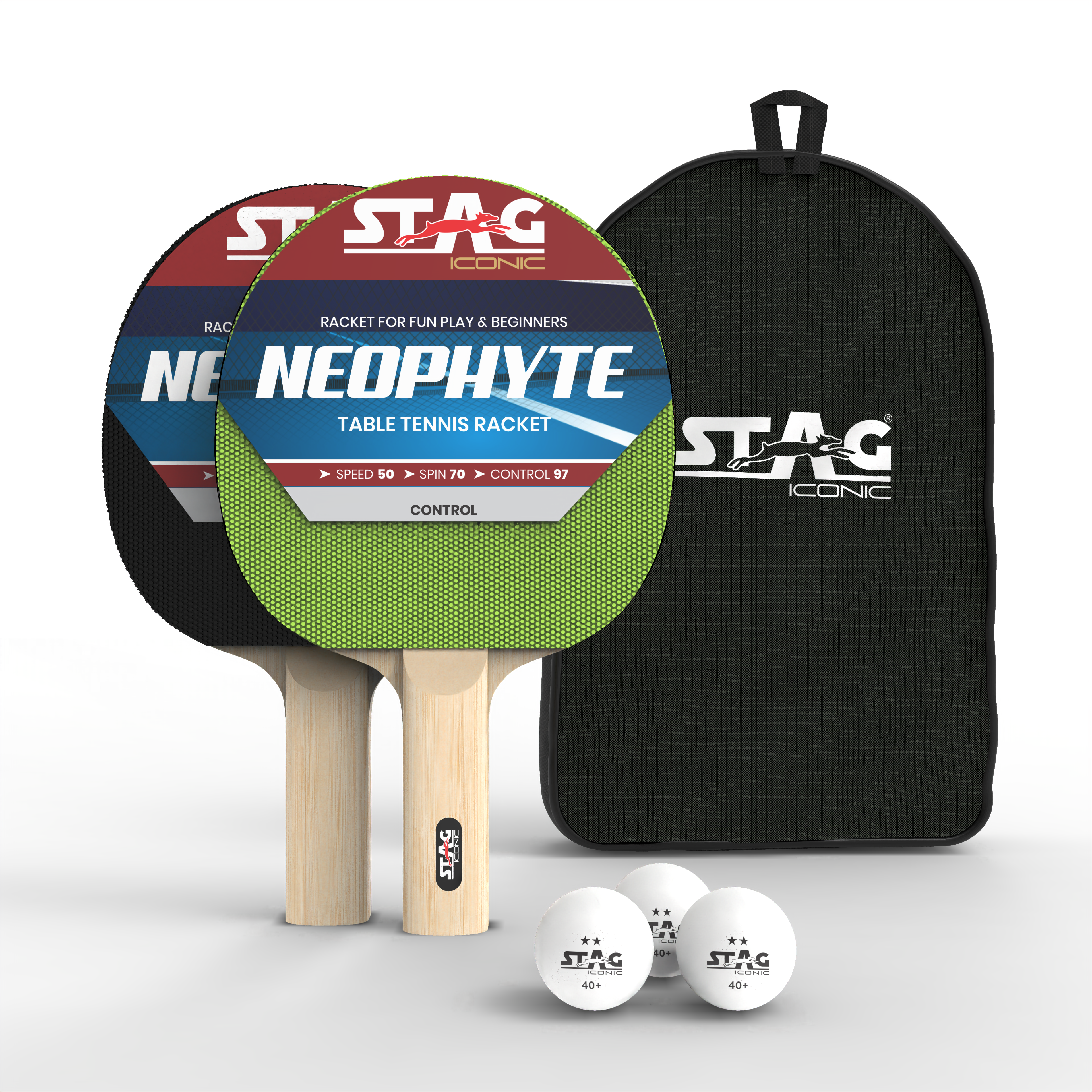 Stag Iconic 2024 Neophyte Series Table Tennis Playset | Beginner Play Series T.T Series | Jump into Action with Vibrant, Playful Ping-Pop Colors| Discover Your Element in Table Tennis (Neon/Black 2 Rackets 3 Balls)