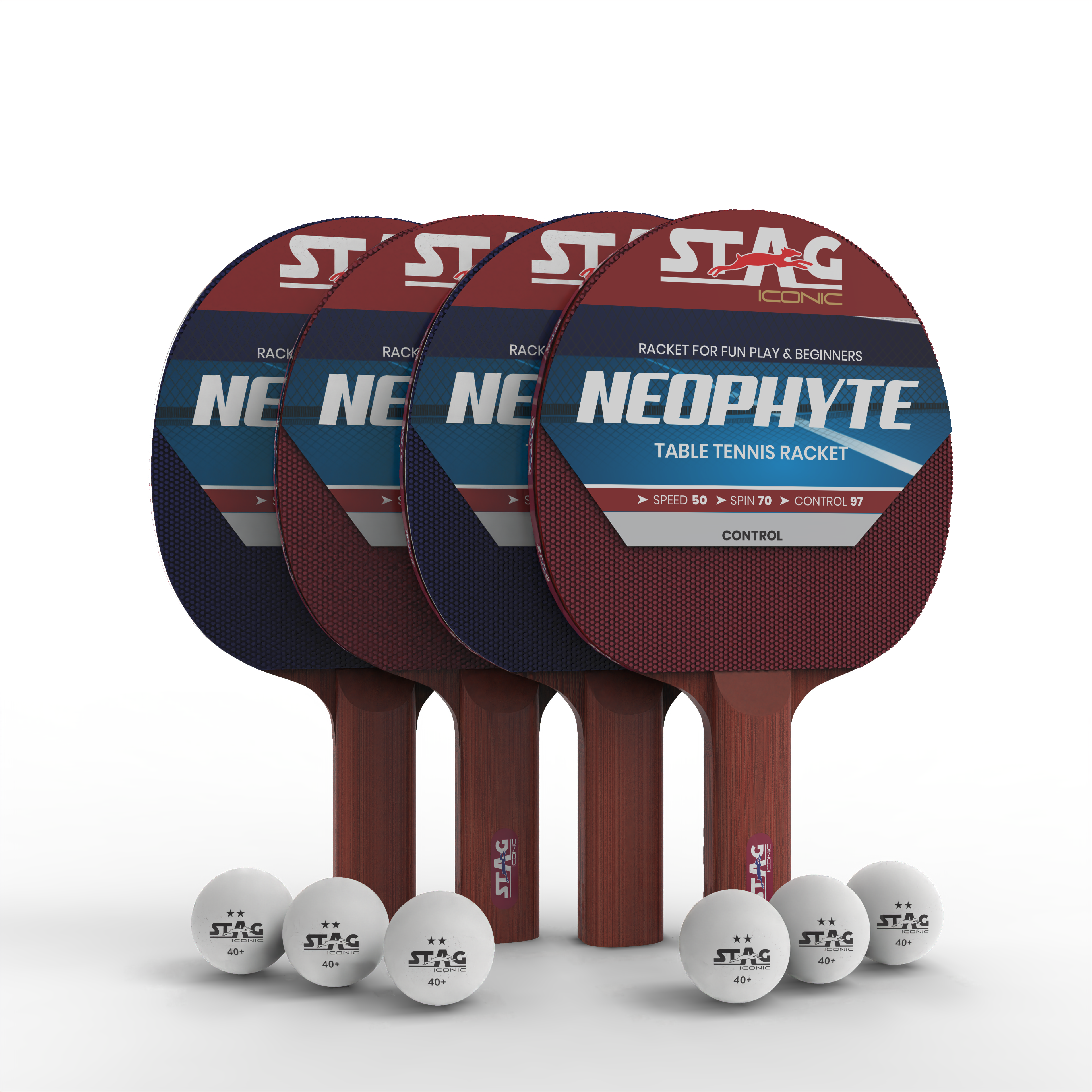 Stag Iconic 2024 Neophyte Series Table Tennis Playset Combo | Beginner Play Series T.T Series | Jump into Action with Vibrant, Playful Ping-Pop Colors| Discover Your Element in Table Tennis (Maroon/Navy 4 Rackets 6 Balls)