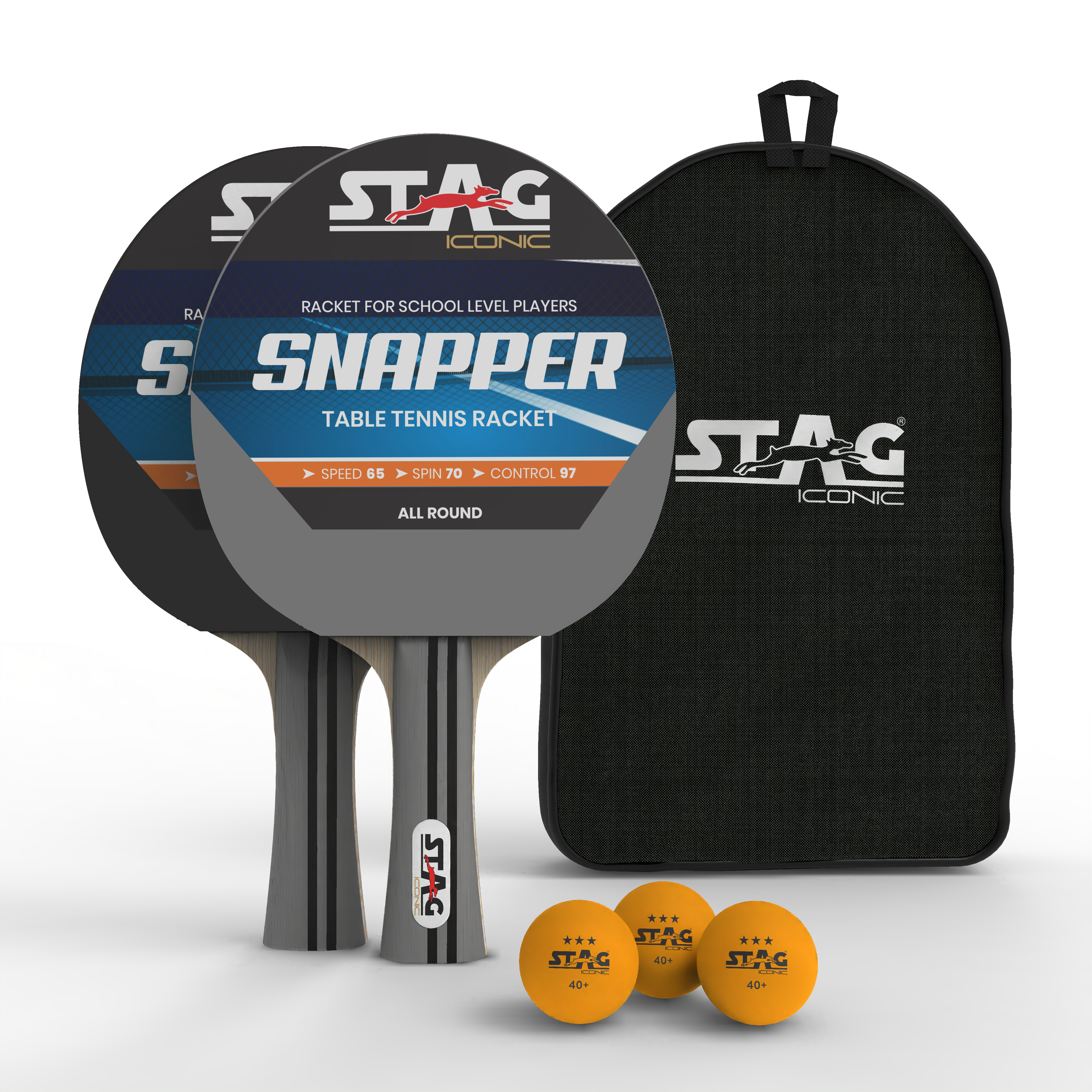 Stag Iconic Spring Collection Snapper Series Table Tennis Playset | Unleash Game with Vibrant, Playful Ping-Pop Colors| Beginner Training Series| Perfectly Designed Comfortable Grip Paddle (Grey/Black 2 Rackets 3 Balls)