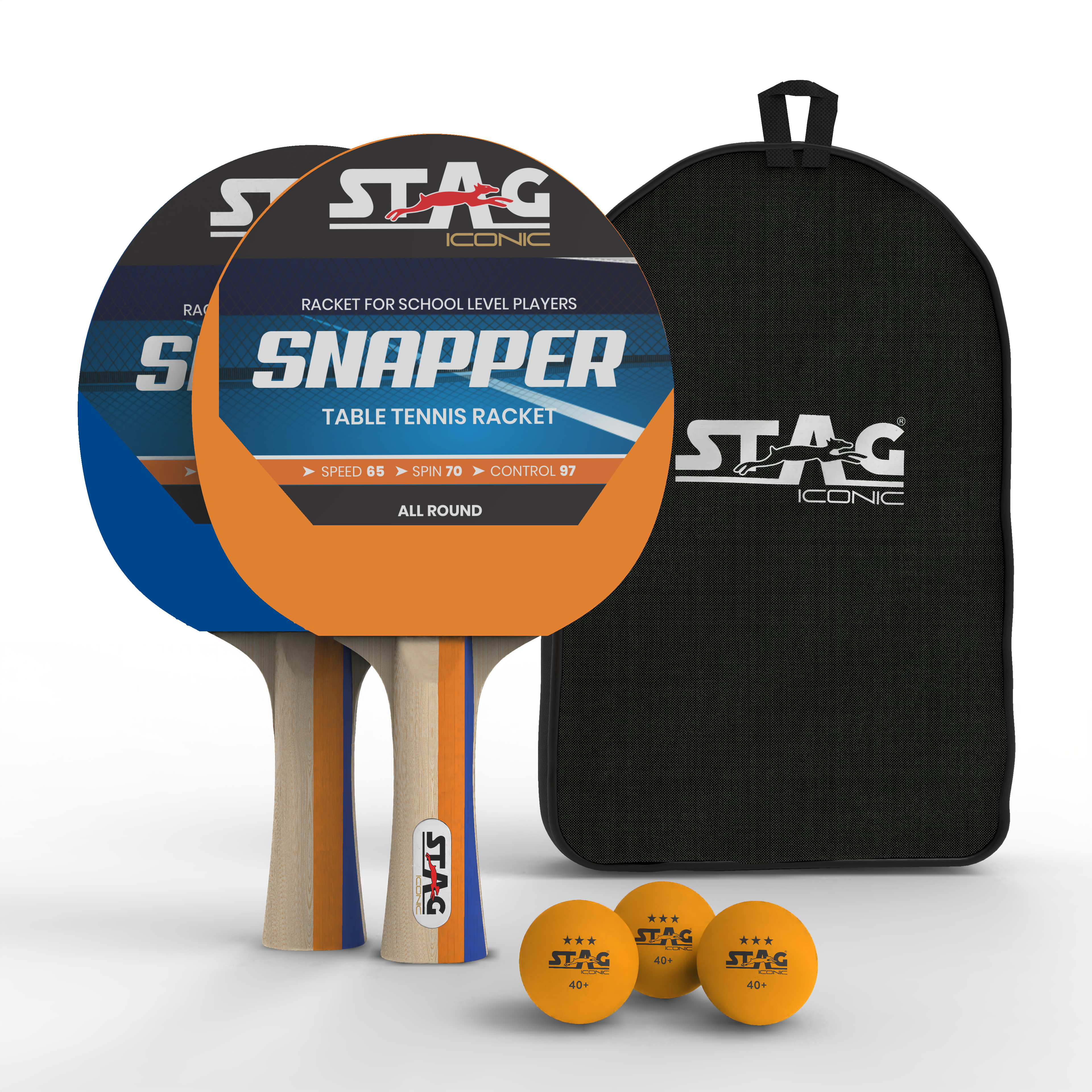 Stag Iconic Spring Collection Snapper Series Table Tennis Playset | Unleash Game with Vibrant, Playful Ping-Pop Colors| Beginner Training Series| Perfectly Designed Comfortable Grip Paddle (Orange/Blue 2 Rackets 3 Balls)