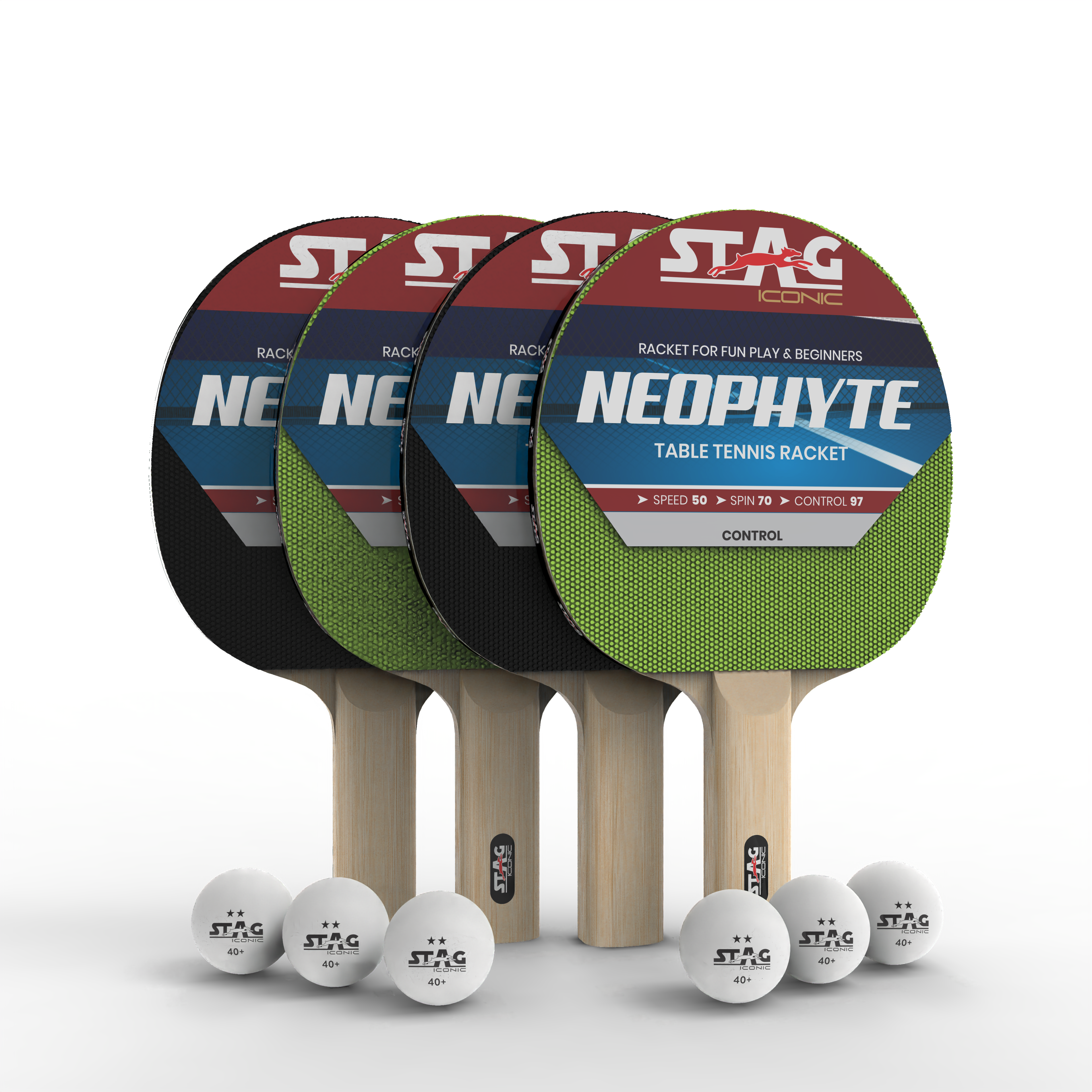 Stag Iconic 2024 Neophyte Series Table Tennis Playset Combo | Beginner Play Series T.T Series | Jump into Action with Vibrant, Playful Ping-Pop Colors| Discover Your Element in Table Tennis (Neon/Black 4 Rackets 6 Balls)