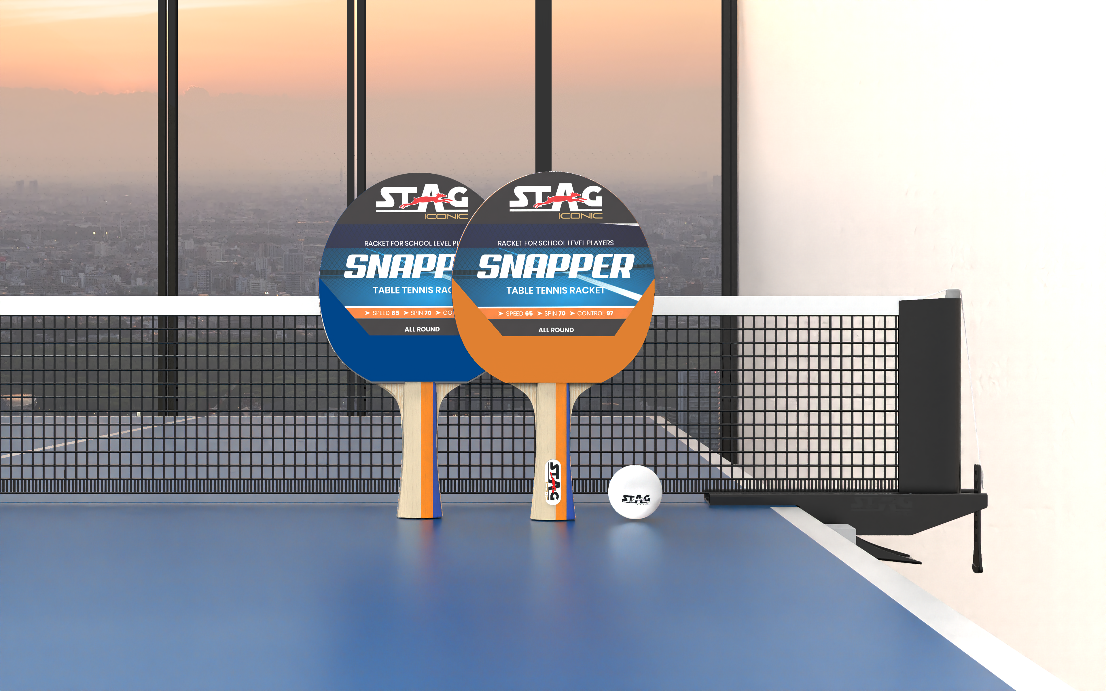 Stag Iconic Spring Collection Snapper Series Table Tennis Playset | Unleash Game with Vibrant, Playful Ping-Pop Colors| Beginner Training Series| Perfectly Designed Comfortable Grip Paddle (Orange/Blue 2 Rackets 3 Balls)