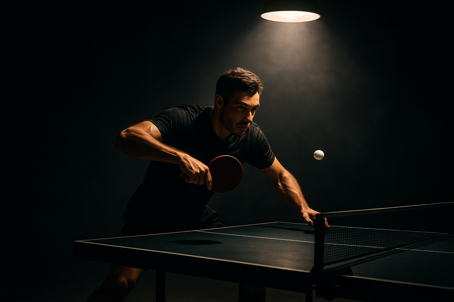 player playing table tennis in a dark room and a spotligh on him 