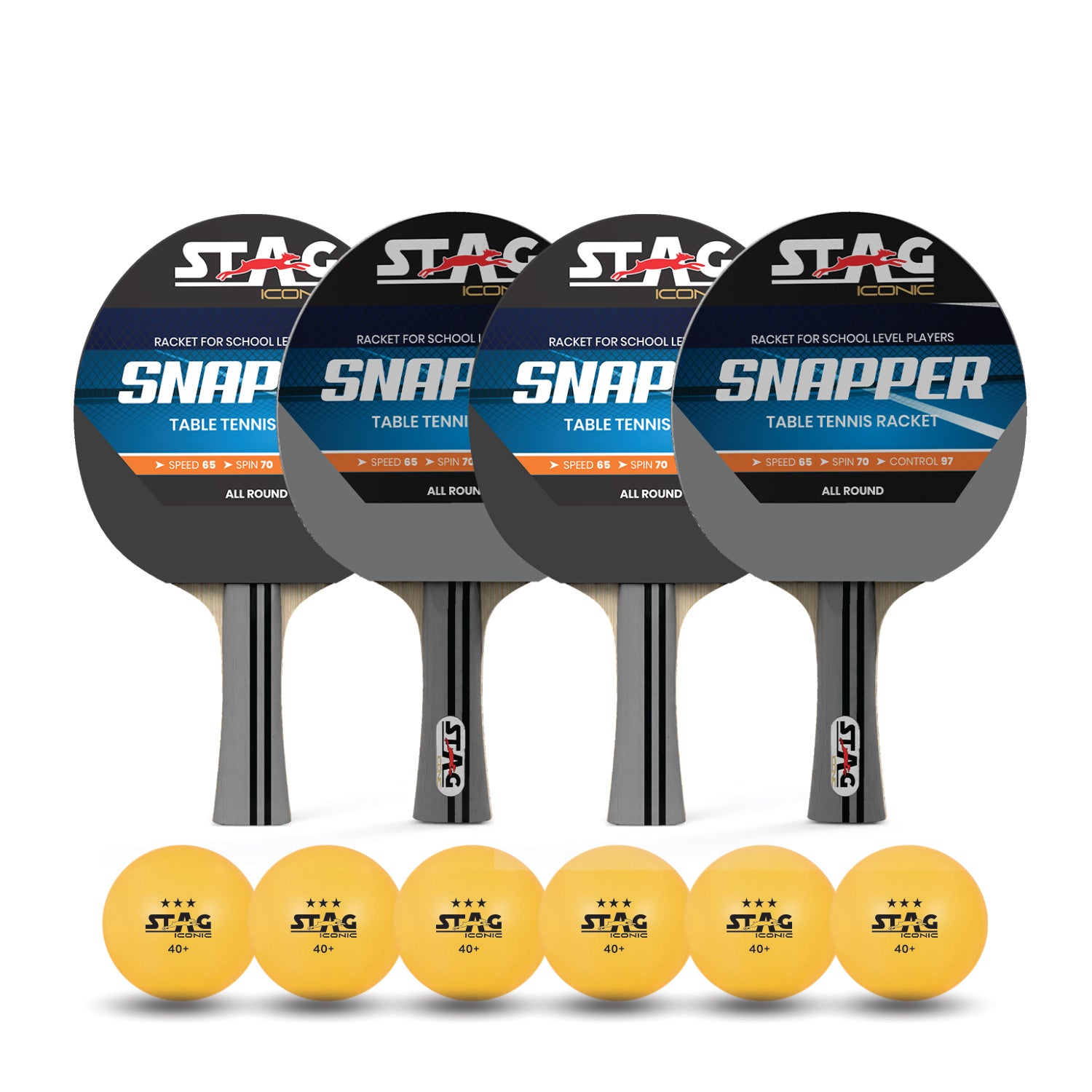 Stag Iconic Spring Collection Snapper Series Table Tennis Playset Combo | Unleash Game with Vibrant, Playful Ping-Pop Colors| Beginner Training Series| Perfectly Designed Comfortable Grip Paddle (Grey/Black 4 Rackets 6 Balls)