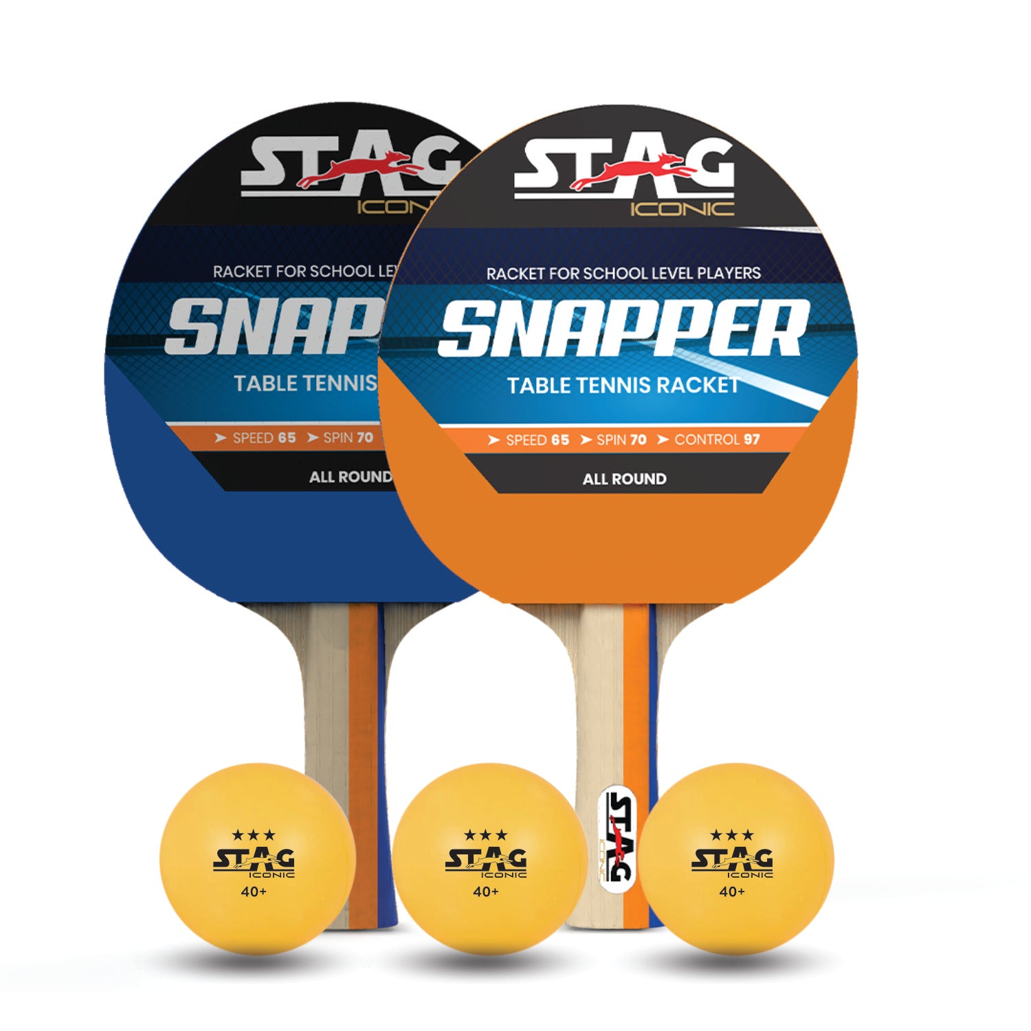 Stag Iconic Spring Collection Snapper Series Table Tennis Playset Combo | Unleash Game with Vibrant, Playful Ping-Pop Colors| Beginner Training Series| Perfectly Designed Comfortable Grip Paddle (Orange/Blue 4 Rackets 6 Balls)