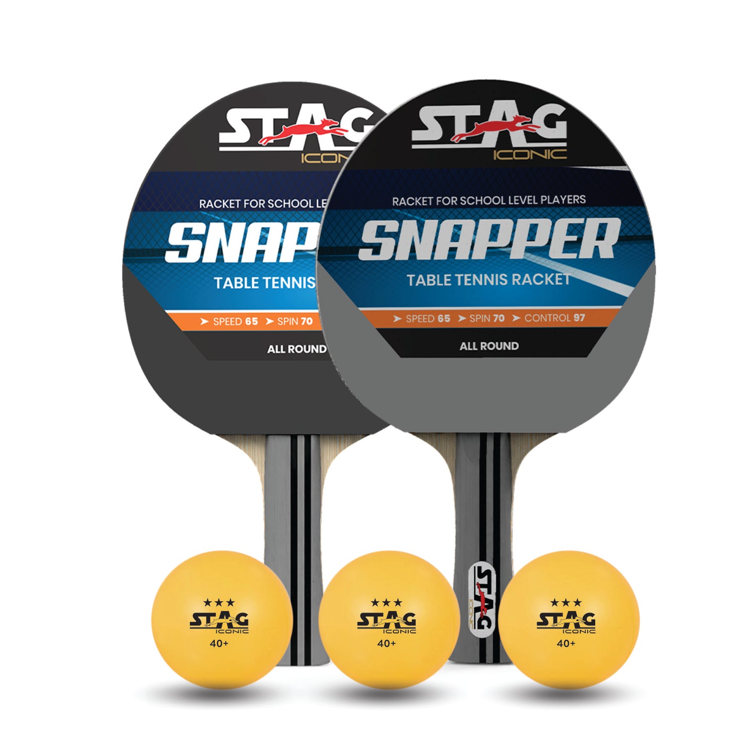 Stag Iconic Spring Collection Snapper Series Table Tennis Playset Combo | Unleash Game with Vibrant, Playful Ping-Pop Colors| Beginner Training Series| Perfectly Designed Comfortable Grip Paddle (Grey/Black 4 Rackets 6 Balls)