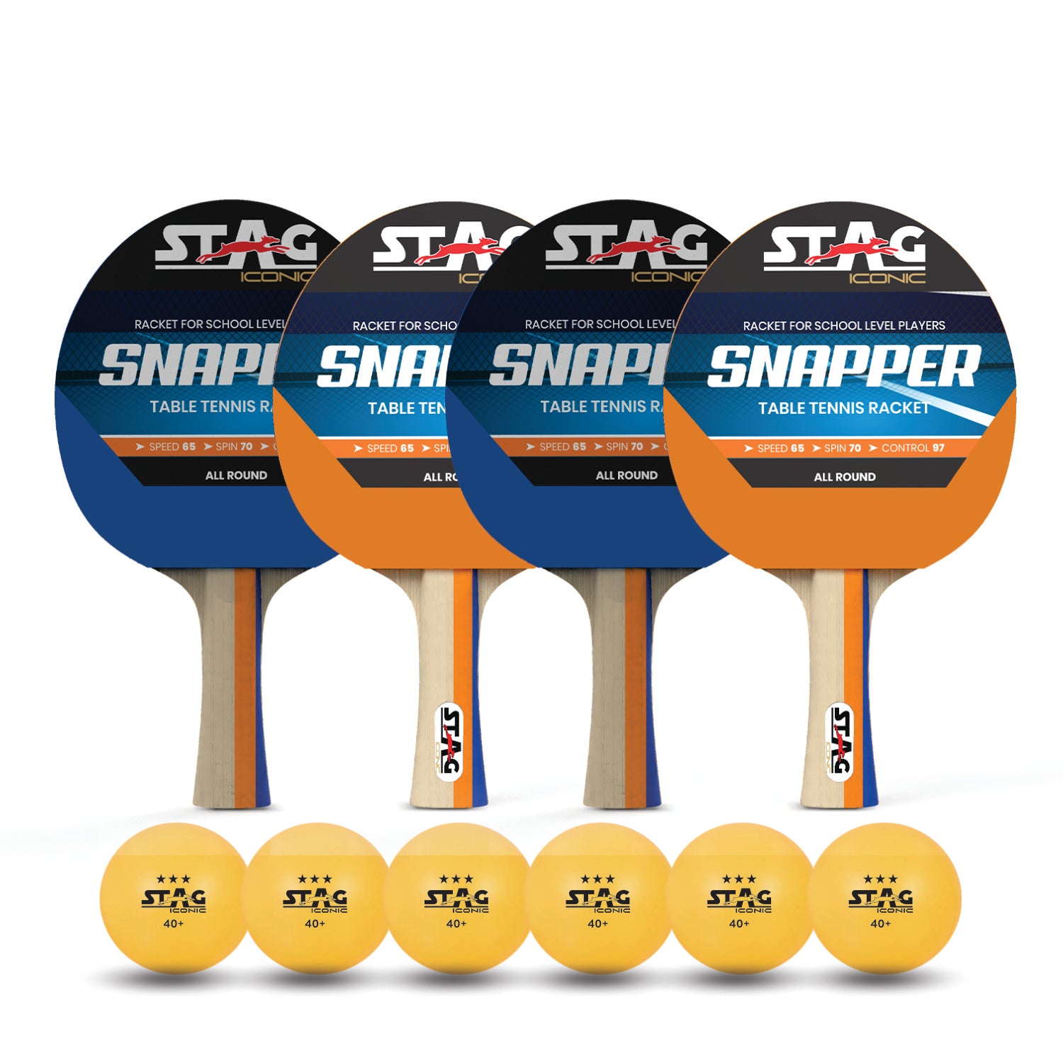 Stag Iconic Spring Collection Snapper Series Table Tennis Playset Combo | Unleash Game with Vibrant, Playful Ping-Pop Colors| Beginner Training Series| Perfectly Designed Comfortable Grip Paddle (Orange/Blue 4 Rackets 6 Balls)